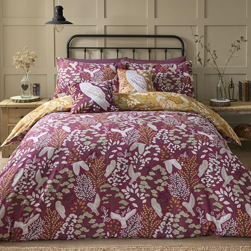 Dreams & Drapes - Red Mauve Woodland Owl Duvet Cover - Double Size (200 x 200cm) - Reversible Design (2 Colours) - Soft 100% Brushed Cotton - Woodland Bedding with Owls - Autumn Floral Pattern