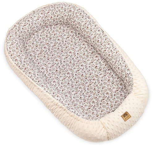 PIMKO Babynest 2 seitig Minky Babynestchen für Baby Kuschelnest Babykokon für Säuglinge und Neugeborene Baby Nest für Zuhause - Provence beige mit Kappe