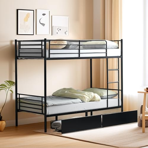 Bonnlo Metal Bunk Bed, Single over Single Loft Bed Frame with Ladder and Safety Guardrail, Bedroom Dorm Apartment Furniture Space-Saving Twin Bunk Bed with Drawer for Kids Teens Adults (Black)