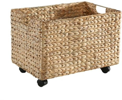 Calicosy - Coffre à jouets à roulettes en jacinthe d’eau L50 x P35 x H36 cm - Coffre de rangement enfant - Panier de rangement avec roulettes - Design naturel et pratique