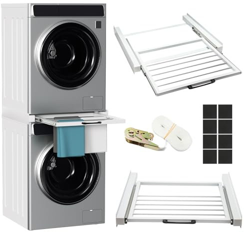 ISOISL Cadre intermédiaire universel pour machine à laver et sèche-linge, kit d'empilage avec porte-serviettes, peu encombrant, capacité de charge jusqu'à 100 kg, avec coussinets antidérapants pour