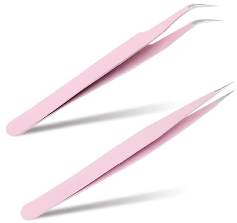 Dreamil Wimpern Pinzette,2Stück Edelstahl Pinzetten,Professionelle Pinzette Wimpern,Geraden Und Gebogenen Pinzette für Wimpernverlängerungen (Rosa)