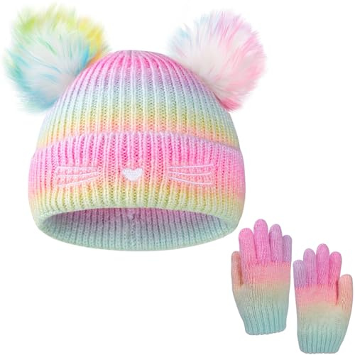Kids Winter Hat and Gloves Set, Girl Warm Knit Cat Beanie with Rainbow Pom Pom for Boys Girls 7-12 Years