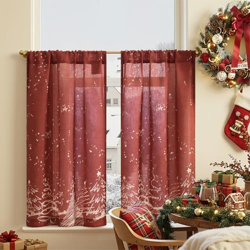 TOPICK Christmas Tree Kitchen Curtains 36 Inch Drop, Linen-look Short Cafe Curtains for Small Window, Rod Pocket Curtain Tier 2 Panels for Sink Basin, Utility Room, Basement, Nursery, W26 x L36, Red