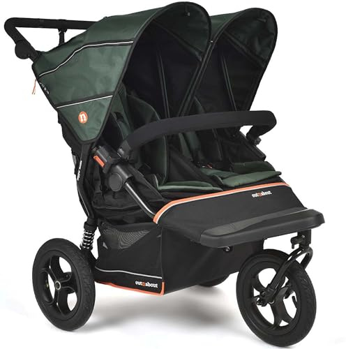 Out’n’About Nipper Double V6 Pushchair | Lightweight All-Terrain 3 Wheel Double Buggy & Rain Cover | 12” Air-Filled Tyres, 71cm Wide, Compact Fold Stroller, Pram | Newborn to 4yrs (Sycamore Green)