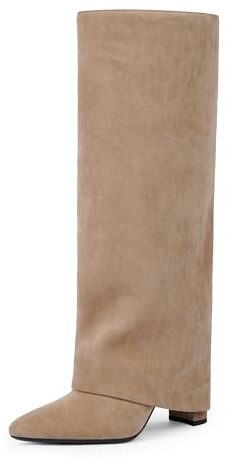 Modatope Camel Suede Knee High Boots for Women Fold Over Boots Chunky Heel Pointed Toe Tall Long Shark Boots Size 8.5