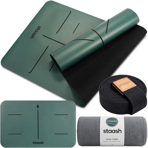 STAASH Premium Yoga Set - Yoga Mat Made of PU & Natural Rubber + Microfibre Towel + Yoga Strap + Hand Pad - Ultra Grip, Environmentally Friendly & Studio Quality for Sophisticated Yogis (Forest Green)