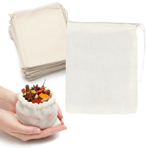 40 PCS Cotton Muslin Drawstring Bags, Reusable Mesh Bags with Drawstring, Spice Bag for Cooking, Tea Coffee Filter Bags, for Store Spices, Crafts, Soap or Slag Filtration, Nuts