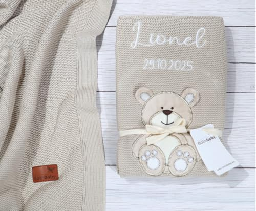 Generisch Babydecke 100% Baumwolle personalisiert – Kuscheldecke mit Namen Bestickt – Weiche Babydecke für Jungen & Mädchen – Geschenk zur Geburt, Taufe oder Babyparty 80x110 cm (Beige, 110 x 80 cm)