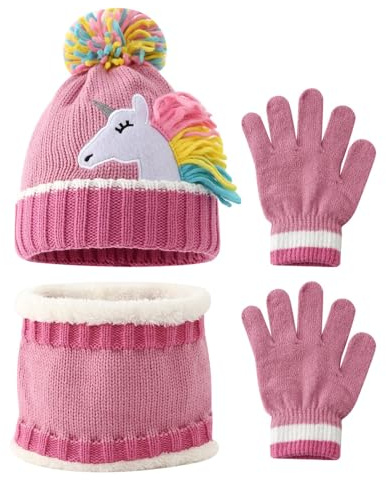Conjunto de Gorro Bufanda y Guantes para Niños, Sombrero de Punto de Invierno Térmico con Patrón de Unicornio y Pompon, Cálido Beanie Calentador de Cuello con Forro Polar para Niñas 3-7 Años