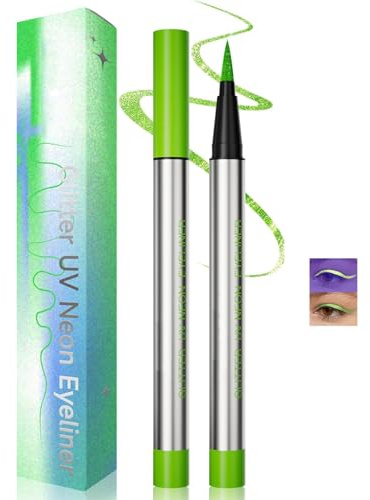 Vivid Lime Green UV Neon Glitter Eyeliner - Waterproof Fine-Tip Face & Paint Pen for Festival, Rave & Creative Makeup Art, Long-Lasting Highly Pigmented Bright Fluorescent Line