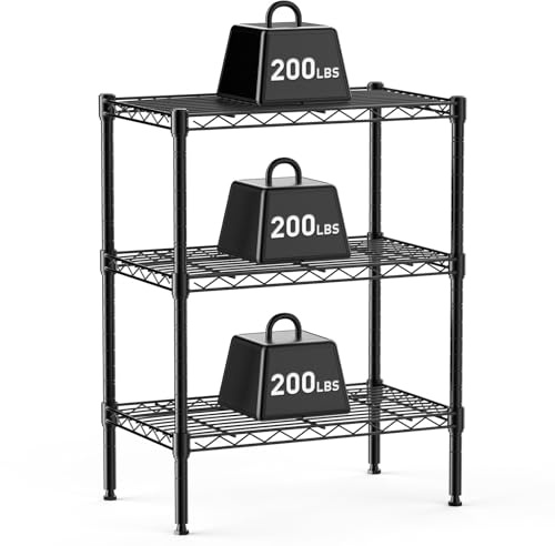 DUMOS 3-Tier Metal Wire Storage Shelves, Adjustable Standing Storage Rack Shelf, Heavy Duty Steel Shelving Unit Organizers for Kitchen Bathroom Pantry Garage, 23.2 W×13.4 D×30.3 H, Black