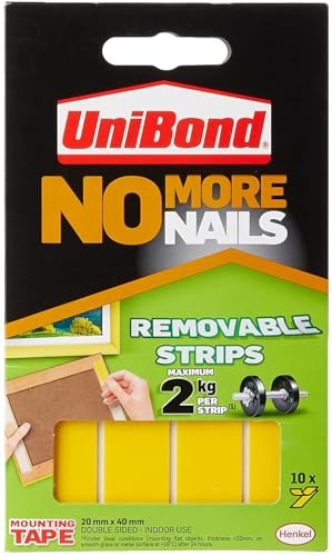 Unibond No More Nails Removable Picture Hanging Strips, Adhesive Strips for Fast, Easy Mounting, Double Sided Sticky Tape for Interior Use, Translucent Tape, Pack of 10 , Yellow