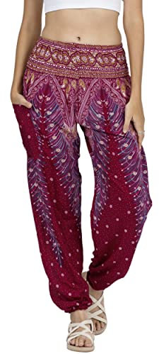 Lofbaz Damen Haremshose Yogahose Pumphose Hippie Hose Boho Kleidung Festival Outfit Sommerhose Leicht Sommer Hosen - Peacock 1 Burgund L