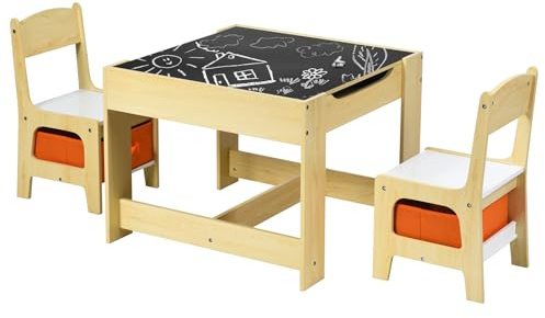 COSTWAY Tavolino Bambini 3 in 1, Set Tavolo e Sedie per Bambini con Lavagna Rimovibile e 2 Sedie con Cestini Portaoggetti, Scrivania Multiuso per Cameretta e Soggiorno (Legno)