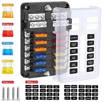 Geloo 12V Scatola Porta Fusibili, 12 Vie Portafusibili Auto Bus Negativi Blocco Fusibili a Lama con Indicatore LED e Impermeabile Coperchio di Protezione, per Barca, Camion, SUV, Yacht Camper