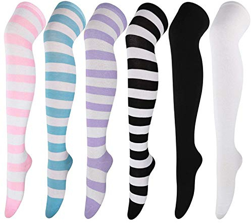 DRESHOW 6 Paar Damen und Mädchen Kniestrümpfe Overknee Lange Strümpfe Streifen Oberschenkel Hohe Socken Sport Socken Leggings Strümpfe