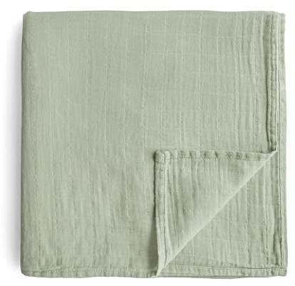 mushie Puckdecke aus Musselin für Babys | Geburt 0-3 Monate | Bio-Baumwolle | Babyschlafsack | vorgewaschen | Empfangsdecke | hergestellt in Dänemark | Sage