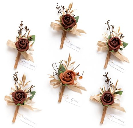 Ling's moment Boutonniere for Men, 6pcs Groom Groomsmen Boutonniere, Artificial Flowers for Wedding Decor/Prom/Homecoming, etc.Terracotta Orange