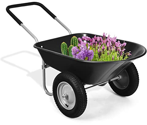 RELAX4LIFE Chariots de Jardin avec Cadre en Fer et Conteneur de 70 L, Brouette de Jardin avec Poignée en Caoutchouc et Roues Gonflables, Chariot, Capacité Max 100 KG pour Jardins/Fermes (Noir)