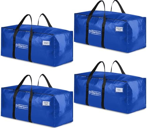 ClearSpace Heavy Duty Moving Boxes or Storage Bags – Storage Bins with Lids, Large Moving Bags with Backpack Straps & Handles – Moving Supplies for College Dorm or Christmas Decorations, 4 Pack