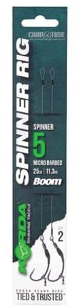 Korda Spinner Rig Spinner, Barbed Size 5, Stainless Steel, Features New Spinner Hook, 5.5 Inch Boom, Pre-Crimped Swivel, Versatile Hook Options, Durable Design for Carp Fishing Enthusiasts