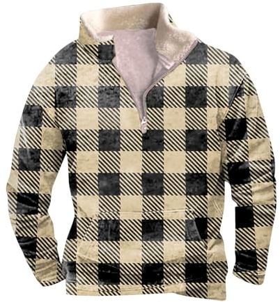 KONG JIMFAN Pullover Herren V-Ausschnitt mit Reißverschluss Pulli Sweatshirts Mit Tasche Druck Top Langarmshirt Komfortabel(Light Brown,4XL)