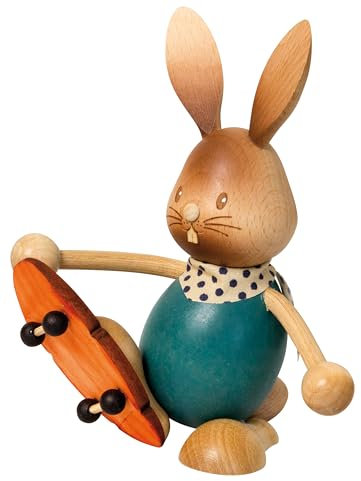 Kuhnert Drechslerei Osterdekoration/Osterhase „Stupsi Hase mit Skateboard“ 11 cm, aus feinstem Holz, für EIN Bezauberndes Osterfest oder eine dauerhafte Dekoration, Holzkunst Made in Germany