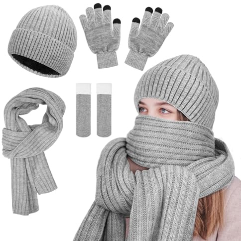 GSrenyu Grey Knitted Hat Scarf and Gloves Set