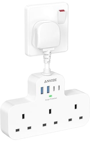 Multi Plug Extension Socket with USB C, ANVODE 3 Way Plug Adaptor with Flexible Socket, Adapter Plug UK Turn 1 to 7, Short Extension Lead Power Strip for Bedroom, Office, Kitchen. White