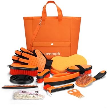 Ueemph Horse Grooming Kit（13-Piece），Orange Horse Brushes,Storage Bag, Sweat Scraper,Mane Comb,Horse Grooming Gloves, Gifts for Girls (Orange)