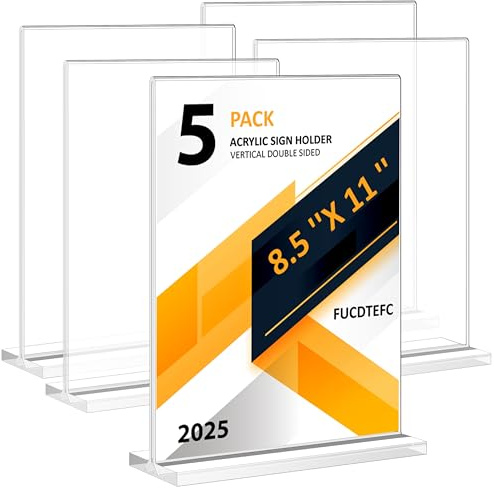 FUCDTEFC 8.5x11 Acrylic Sign Holder 5 Pack, Vertical Double-Sided Display Standing, Clear Plastic Sign Holder Paper Flyer Menu Brochure Holders 8.5x11 inches for Restaurants, Office, Store