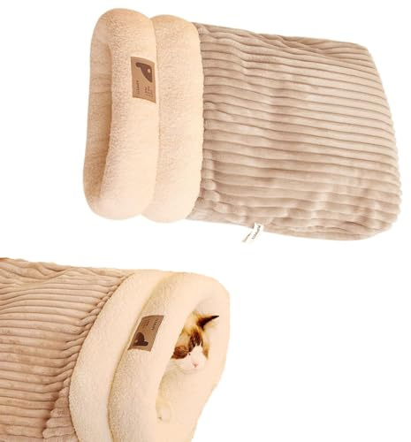 SUYUKU Sac de couchage pour chat hiver chaud, nid de sommeil pour chat doux et confortable en peluche, lit pour animaux de compagnie, caverne de sommeil pour chaton, chats, chiens (Blanc, M)