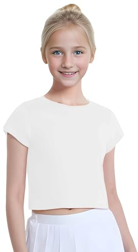 Flickor trendig halvärm bomull magtröja bekväm bomull vardaglig t-shirt för dans, gymnastik och vardagskläder, Vitt, 5-6 År