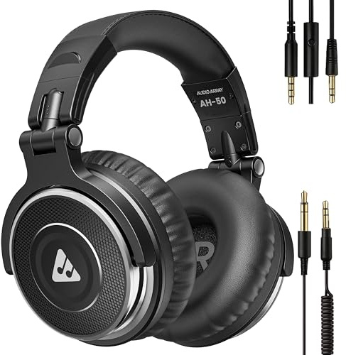 Audio Array AH-50 - Auriculares profesionales para DJ | Controladores de 50 mm | 32Ω | 20Hz-20kHz | Cables desmontables dobles con micrófono y controles | Tecnología Buddy Share | SPL de 105 dB |