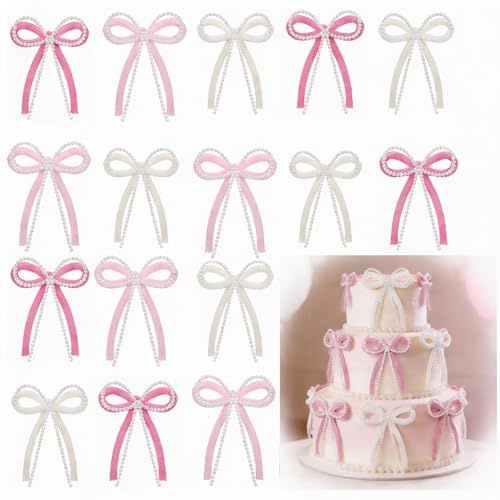 Suncalla 24 Pcs Pearl Bow Christmas Ornaments 4.8 Inch Crochet Xmas Tree Decorations, Coquettish Hanging Pendants Party Decor(Beige, Lotus Pink, Cattleya Pink)