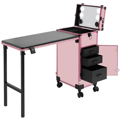 Kosmetikavagn med bord, rullande manikyrbord med LED-spegel, 2-i-1, vikbart nagelbord med 3 lådor, resenagelväska, sminkväska, för nagelkonstnärer, kosmetologer, ROSA, Typ B
