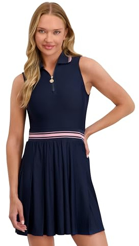 Stella Parker Women's ¼ Zip Pleated Skirt Polo Dress – UPF 50+, Stretch Fabric, 35” Length, Navy, X-Small