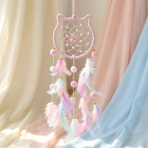 Dream Catcher - Pink Cat Shape with Feathers, Girls Bedroom Wall Decor, Bohemian Room Hanging for Teen Girls