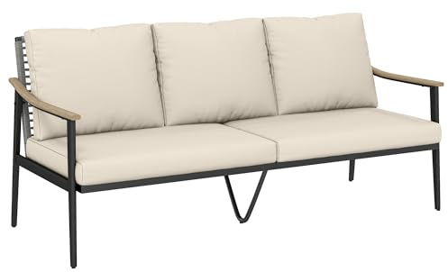 Outsunny Outdoor Patio Couch, 3 Seater Outdoor Sofa with Wood-Effect Armrests and Wicker Backrest, Outdoor Patio Furniture Couch with Cushions, Steel Frame for Porch, Garden, Backyard, Khaki