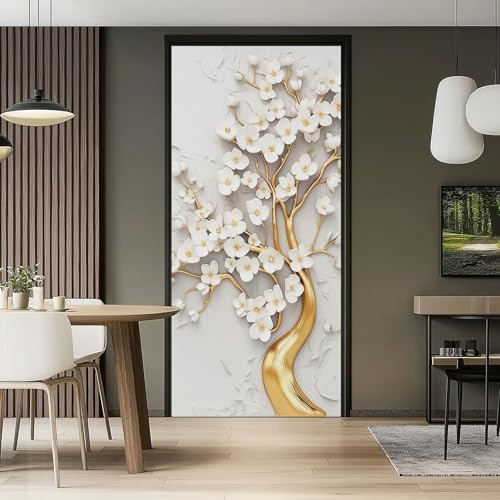 Adesivi per Porte 3D per porte Autoadesivo Piante Stile Arte Moderna Bianco Fiori Alberi fotomurali Poster murale Rimovibile Soggiorno Cucina Camera da letto, 80 x 210 cm
