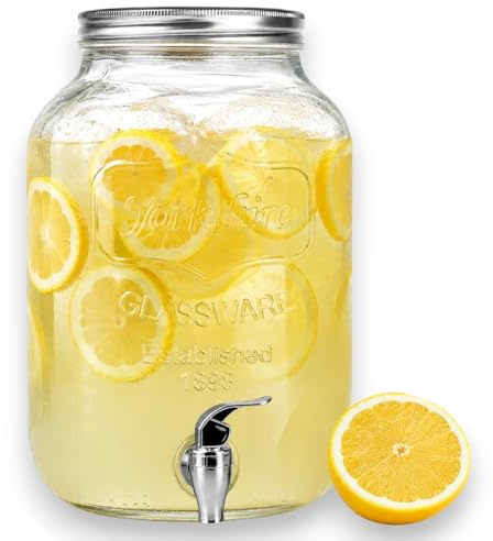 KORAT - Brocca Dispenser con Rubinetto 8 Litri in Vetro Trasparente con Coperchio e Rubinetto in Acciaio Inox, Lavabile in Lavastoviglie, Ideale per Campeggio o Aperitivi - 24x20x32 Cm
