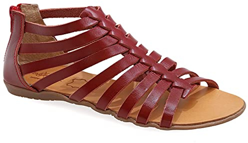 Size 4 Red Emmanuela Ancient Greek Style Anlkle High Leather Sandals, Handmade Gladiator Sandals, Quality Strappy Summer Shoes with Rear Zipper at Shaft, Boho Open Toe Sandals