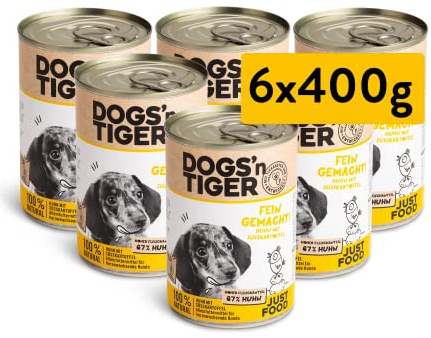 Dogs’n Tiger Junior, Welpen Premium Nassfutter für Hunde, Fein Gemacht, Rezeptur mit 67% Fleischanteil an Huhn mit Süßkartoffel, ohne Getreide, Zucker & künstlichne Aromen, 6X 400g