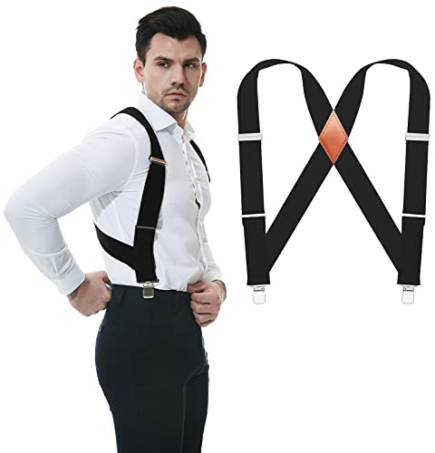 JTCMOJS Mens Suspenders for Men Heavy Duty 2 Black Adjustable Braces Big and Tall Work Suspenders Side Clip Suspenders with Strong Clips