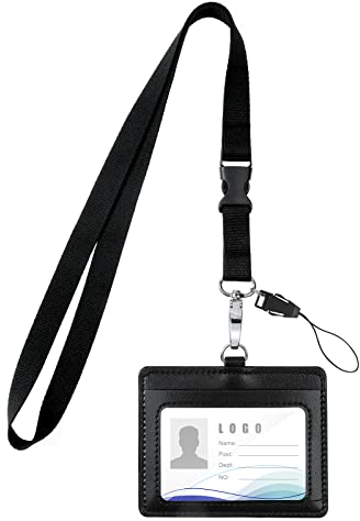 Vicloon Ausweishüllen für Lanyards, Ausweishülle PU, Band mit Ring für Schlüssel, Ausweishalter Leder für ID Karten,Work ID,Studentenausweis,Büro(Schwarz)