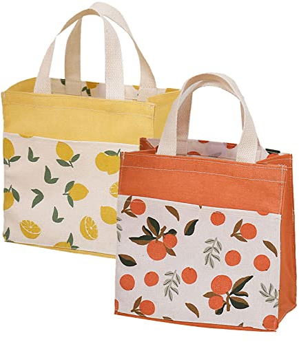2Stk Stofftaschen Mit Griffen, Klein, Einkaufstasche Baumwolltasche Tragetaschen Wiederverwendbare, für Schule, Büro, Reise, Urlaub, Camping (Gelb+Orange, 22*22cm)