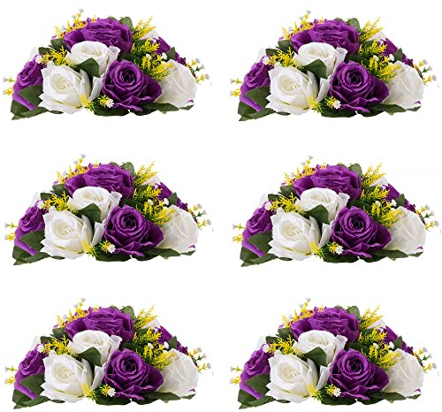 Inweder Wedding Flower Balls for Centerpcs - 6 Pcs Artificial Flower Ball Arrangement Bouquet, Fake Flowers Rose for Weddings, Birthday Party, Valentine's Day, Home Decor, Purple & White (0YHQ401I)