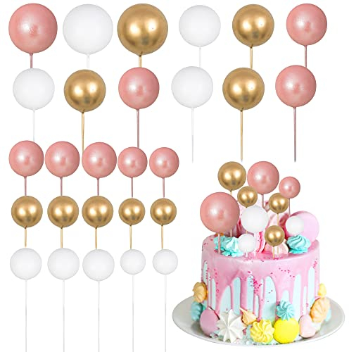 Gyufise 30Pcs Mini Balloons Cake Toppers - Foam Ball Cake Decorations Balloon Cake Topper Ball Shaped Cake Insert Topper for Birthday Party Baby Shower Decor Rose Gold White Gold