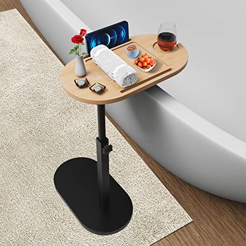 Bambus-Badewannen-Tablett mit Stabiler Basis und Dicker Metallhalterung, verstellbare Höhe, perfektes Badezimmer-Wannenzubehör, Nachttisch, Sofa-Beistelltisch, Geschenk für Frauen, Männer